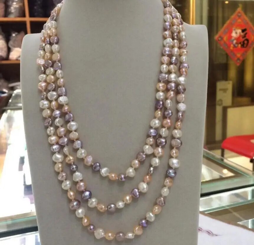 Purple freshwater pearl necklace AAA, Baroque white + Pink Necklace, 60 long, 7-8mm